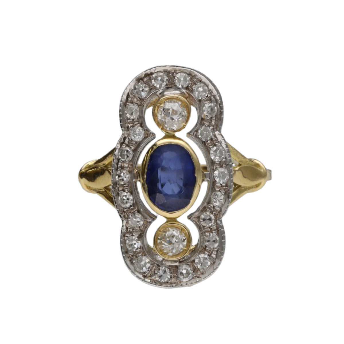 Bague en or jaune et gris 18 Cts avec saphirs et diamants vers 1970. Taille 55. - Castafiore