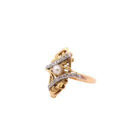 Bague en or jaune, perle et diamants - Castafiore