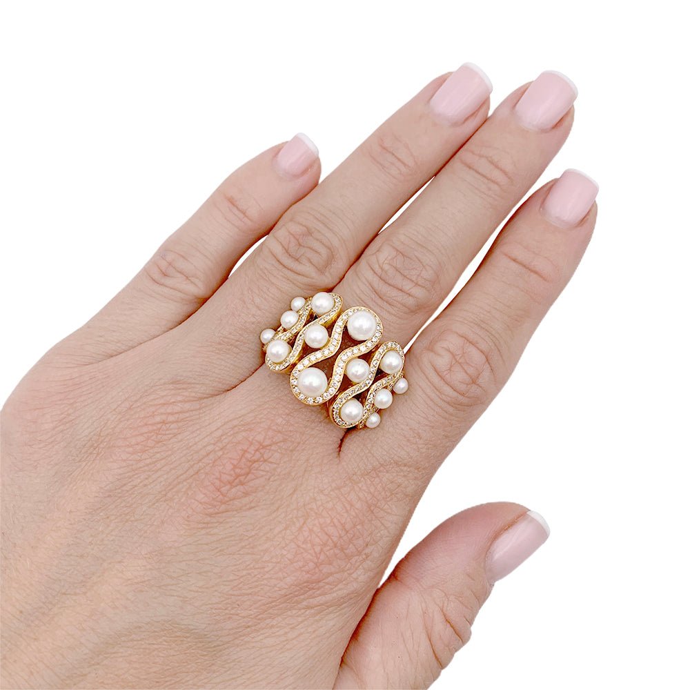 Bague en or jaune, perles et diamants - Castafiore