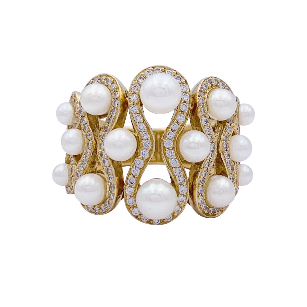 Bague en or jaune, perles et diamants - Castafiore