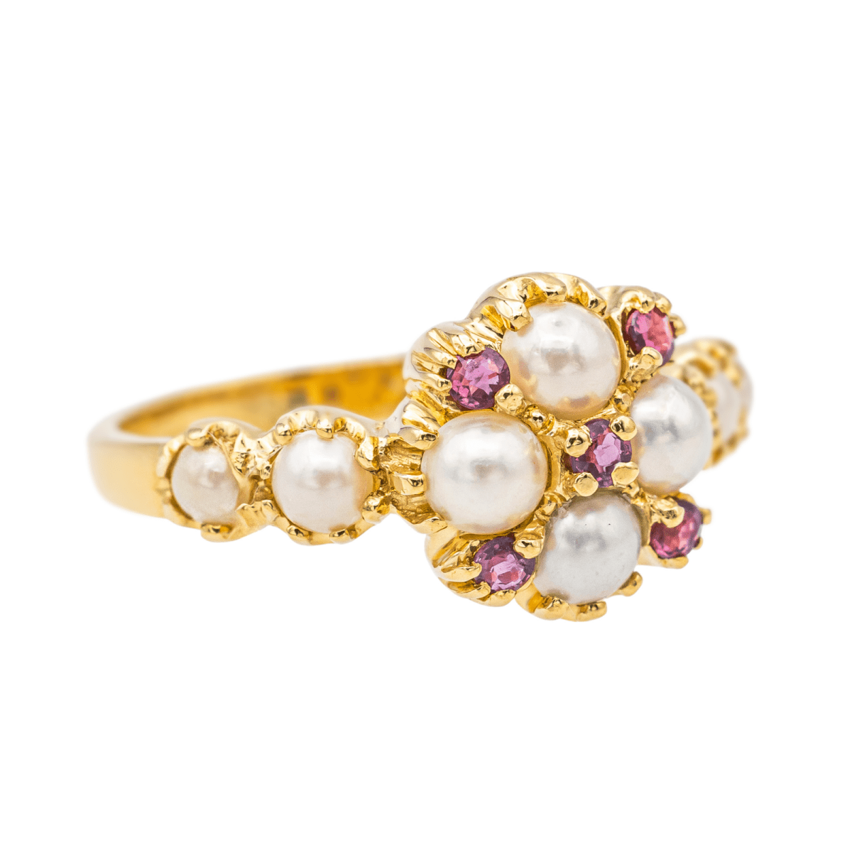Bague en or jaune, perles et rubis - Castafiore