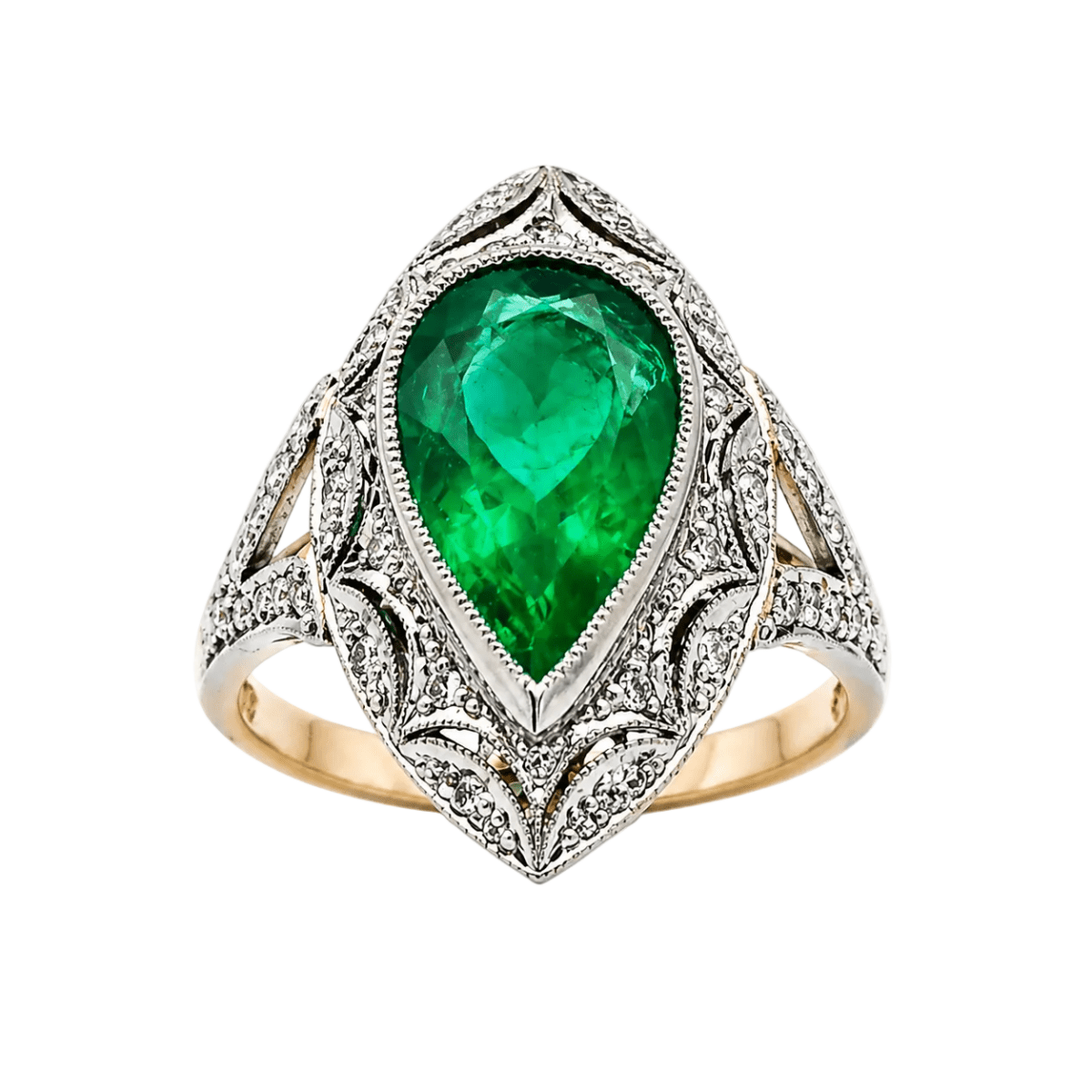 Bague en or jaune, platine, émeraude et diamants - Castafiore