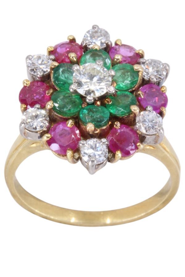 Bague en or jaune, rubis, émeraude et diamant - Castafiore