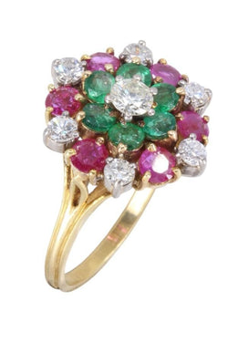 Bague en or jaune, rubis, émeraude et diamant - Castafiore