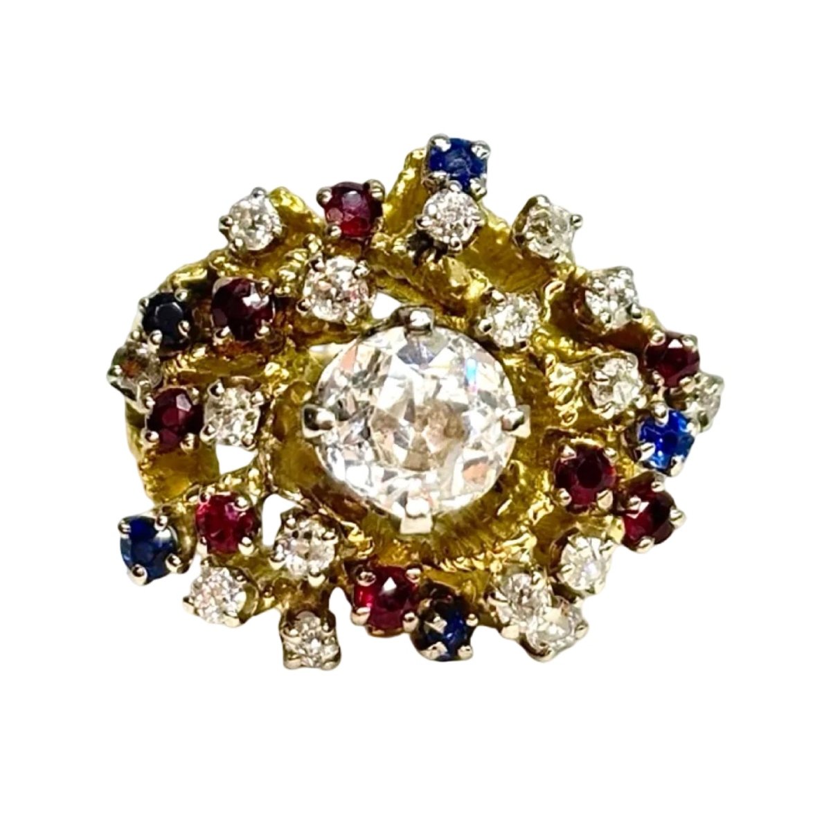 Bague en or jaune, rubis, saphirs et diamants - Castafiore