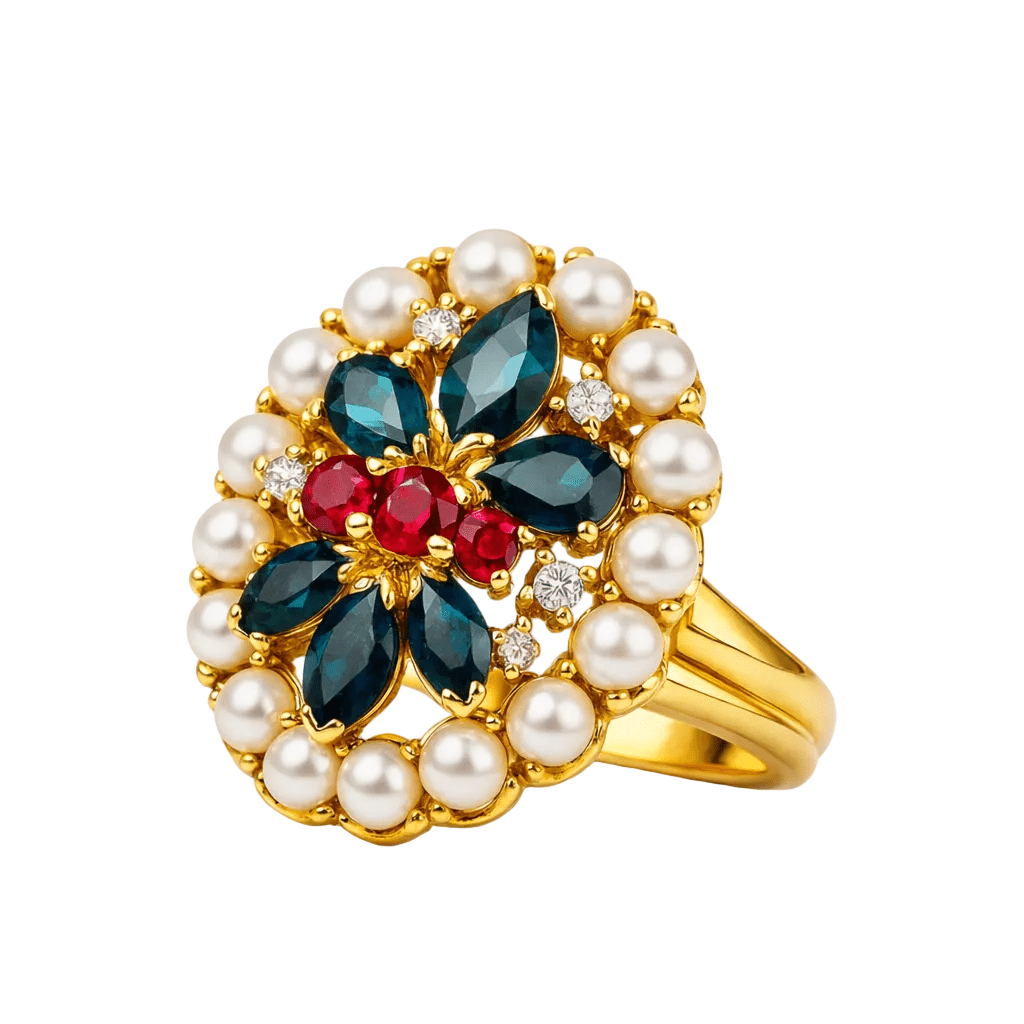 Bague en or jaune, rubis, saphirs, perles et diamants - Castafiore