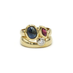 Bague en or jaune, saphir, rubis et diamant - Castafiore