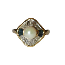 Bague en or jaune, saphirs, perle et diamants - Castafiore