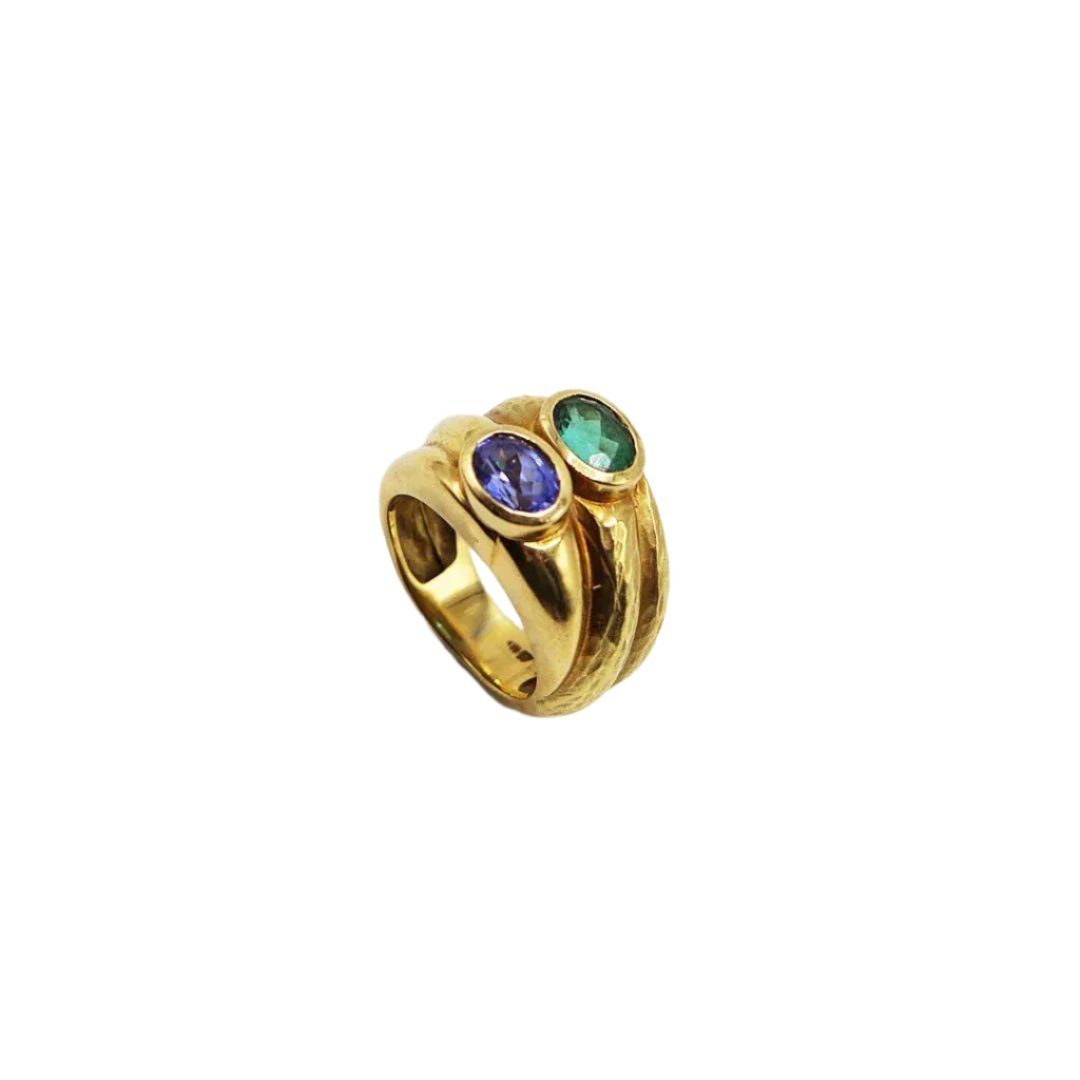 Bague en or jaune, tanzanite et tourmaline - Castafiore