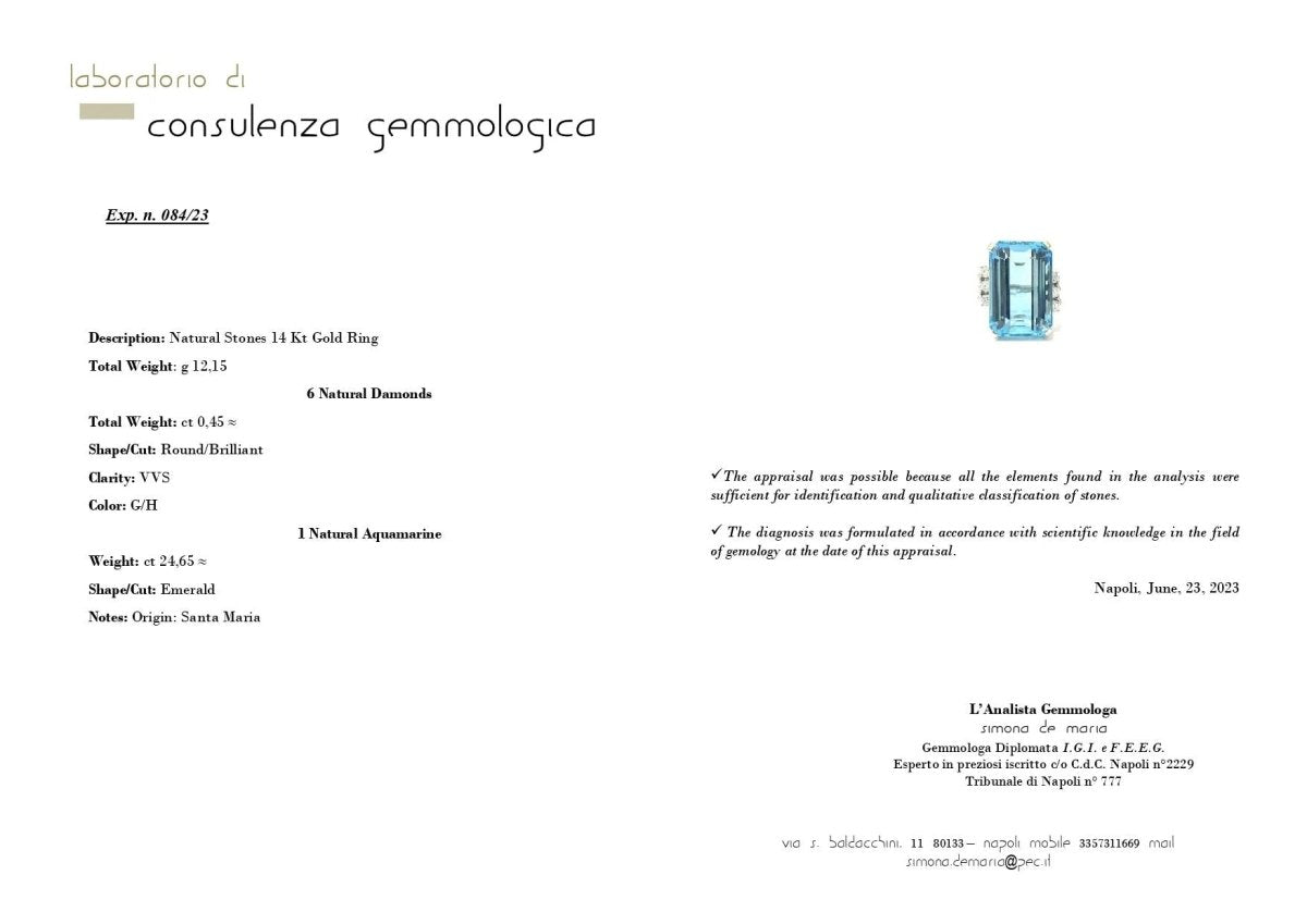 Bague en or vintage certifiée 25 carats aigue - marine diamant Santa Maria - Castafiore