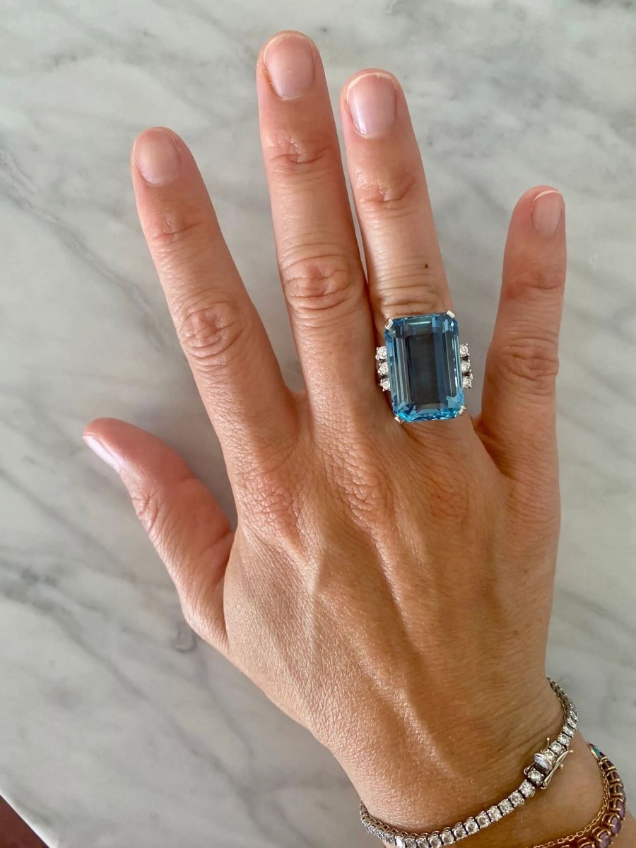 Bague en or vintage certifiée 25 carats aigue - marine diamant Santa Maria - Castafiore