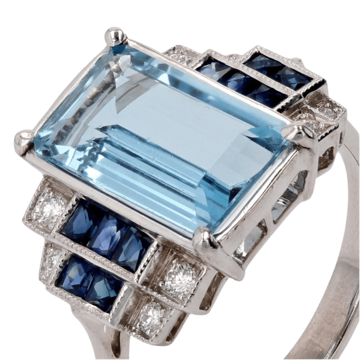 Bague Entourage en or blanc, aigue - marine, saphirs et diamants - Castafiore