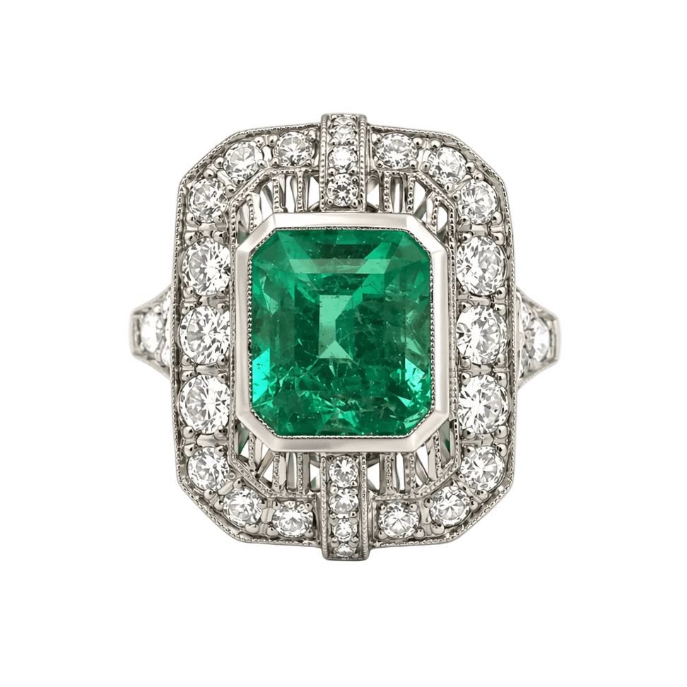 Bague Entourage en or blanc, émeraude et diamants - Castafiore