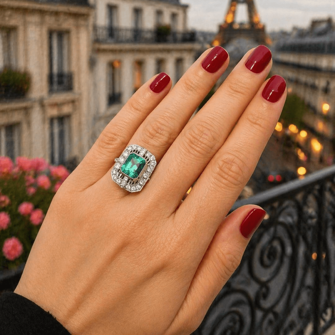 Bague Entourage en or blanc, émeraude et diamants - Castafiore