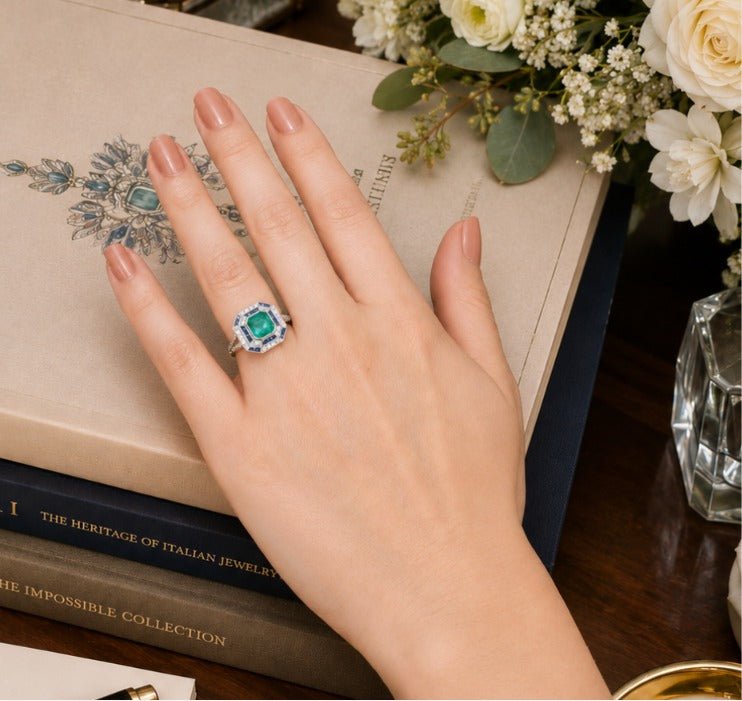 Bague Entourage en or blanc, émeraude, saphir et diamants - Castafiore