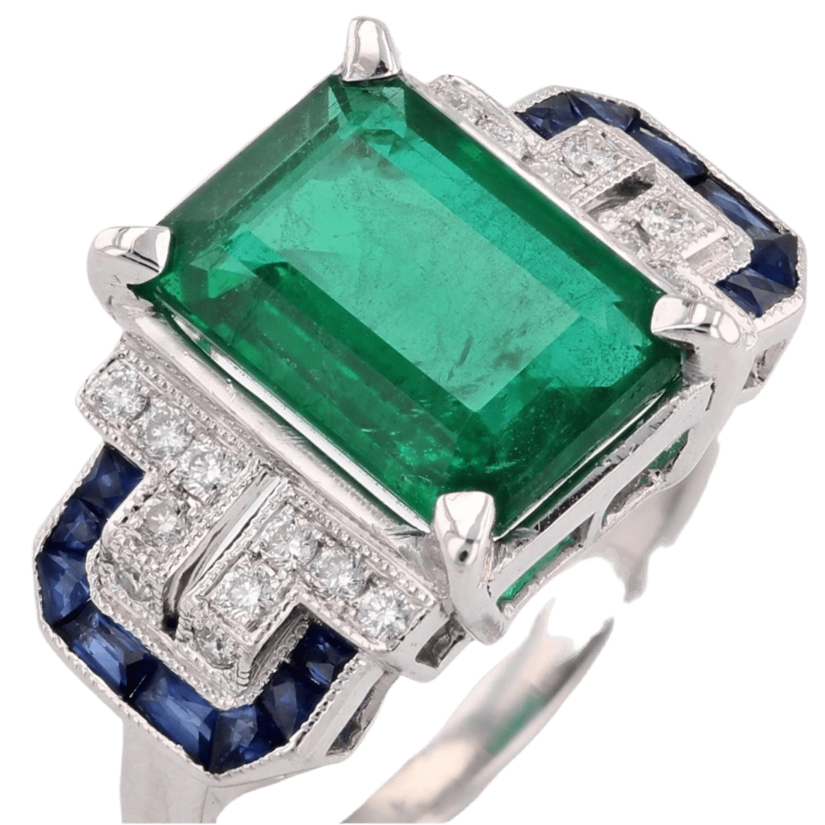 Bague Entourage en or blanc, émeraude, saphirs et diamants - Castafiore