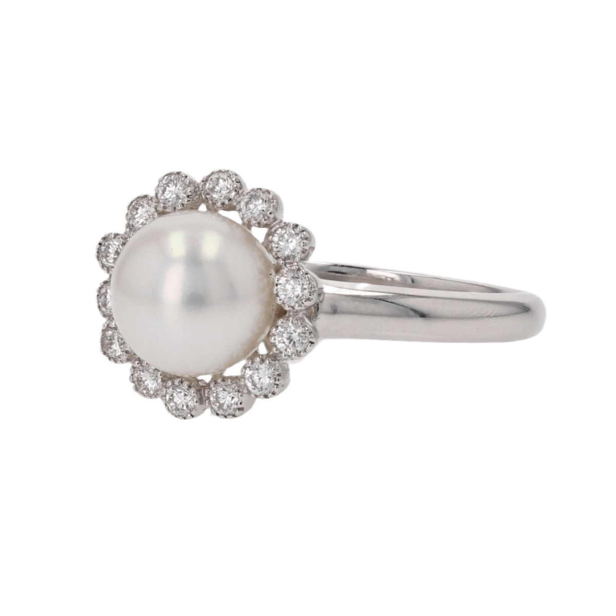 Bague Entourage en or blanc, perle et diamants - Castafiore