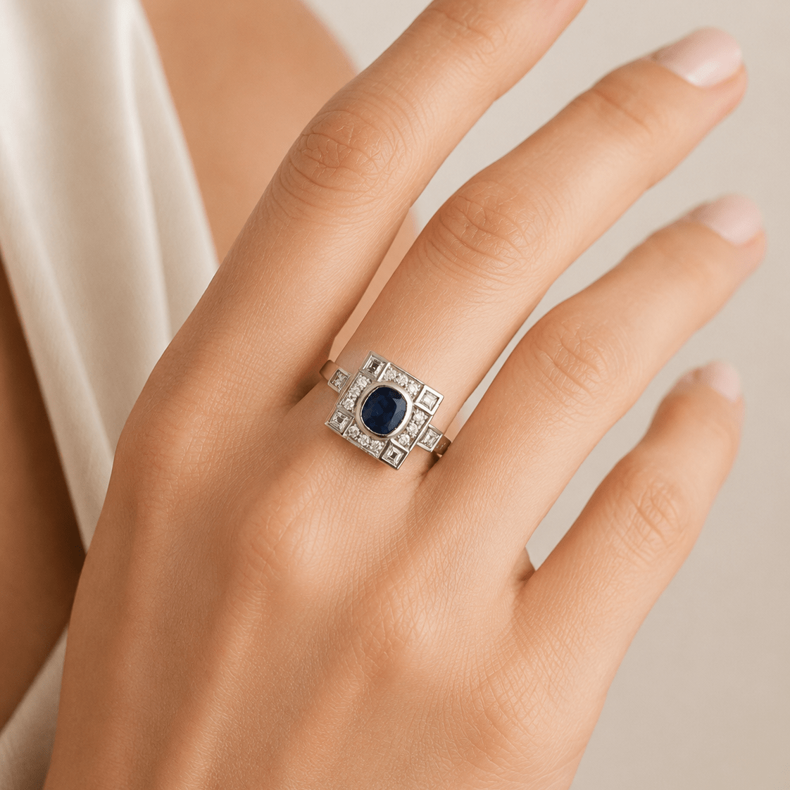 Bague Entourage en or blanc, saphir et diamants - Castafiore