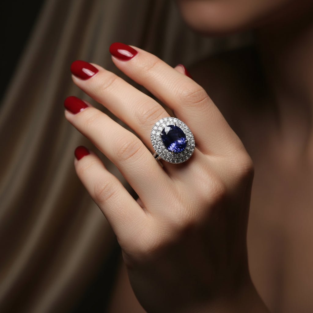 Bague Entourage en or blanc, tanzanite et diamants - Castafiore