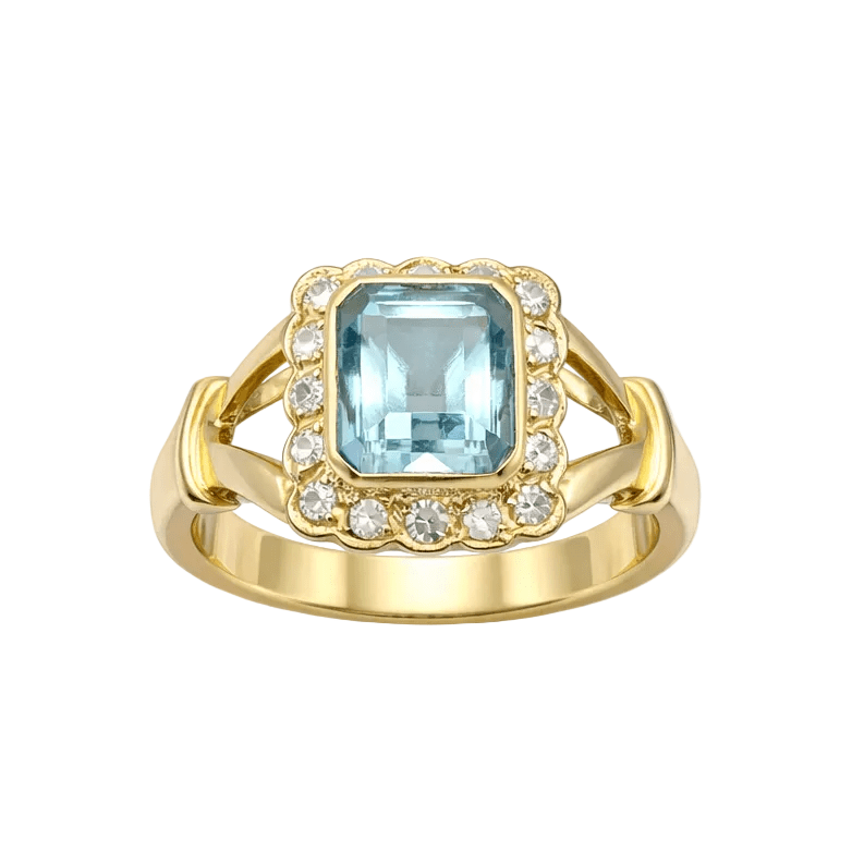 Bague Entourage en or jaune, aigue - marine et diamants - Castafiore