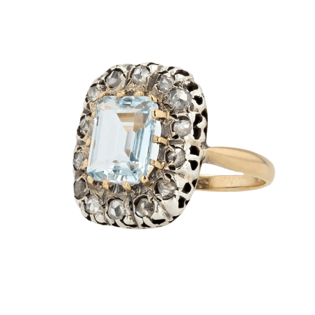 Bague Entourage en or jaune, argent, aigue - marine et diamants - Castafiore