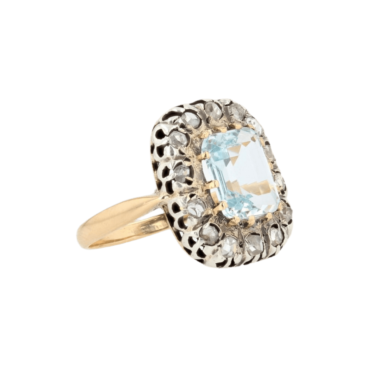 Bague Entourage en or jaune, argent, aigue - marine et diamants - Castafiore