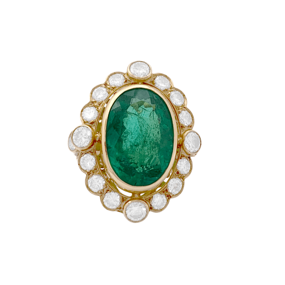 Bague Entourage en or jaune, émeraude et diamants - Castafiore