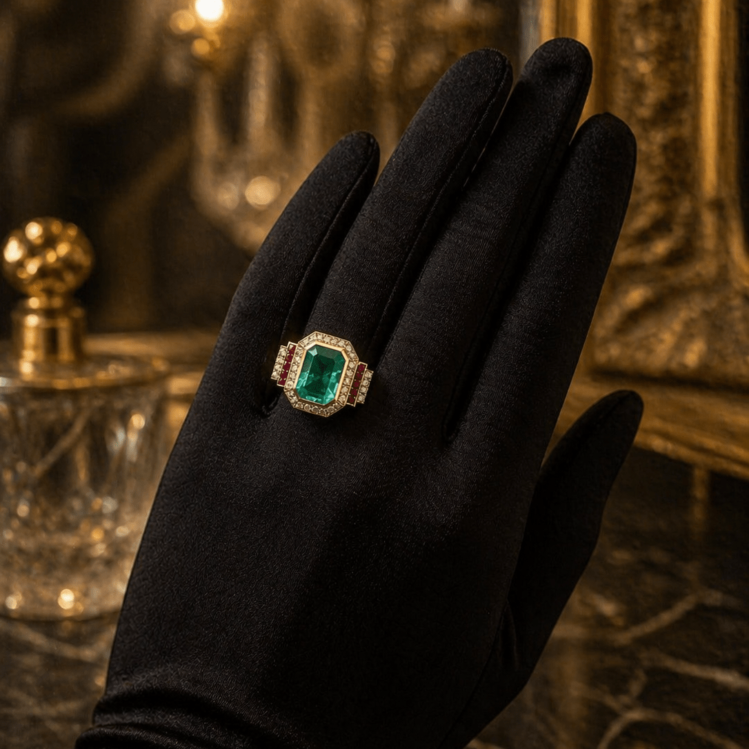 Bague Entourage en or jaune, émeraude, rubis et diamants - Castafiore