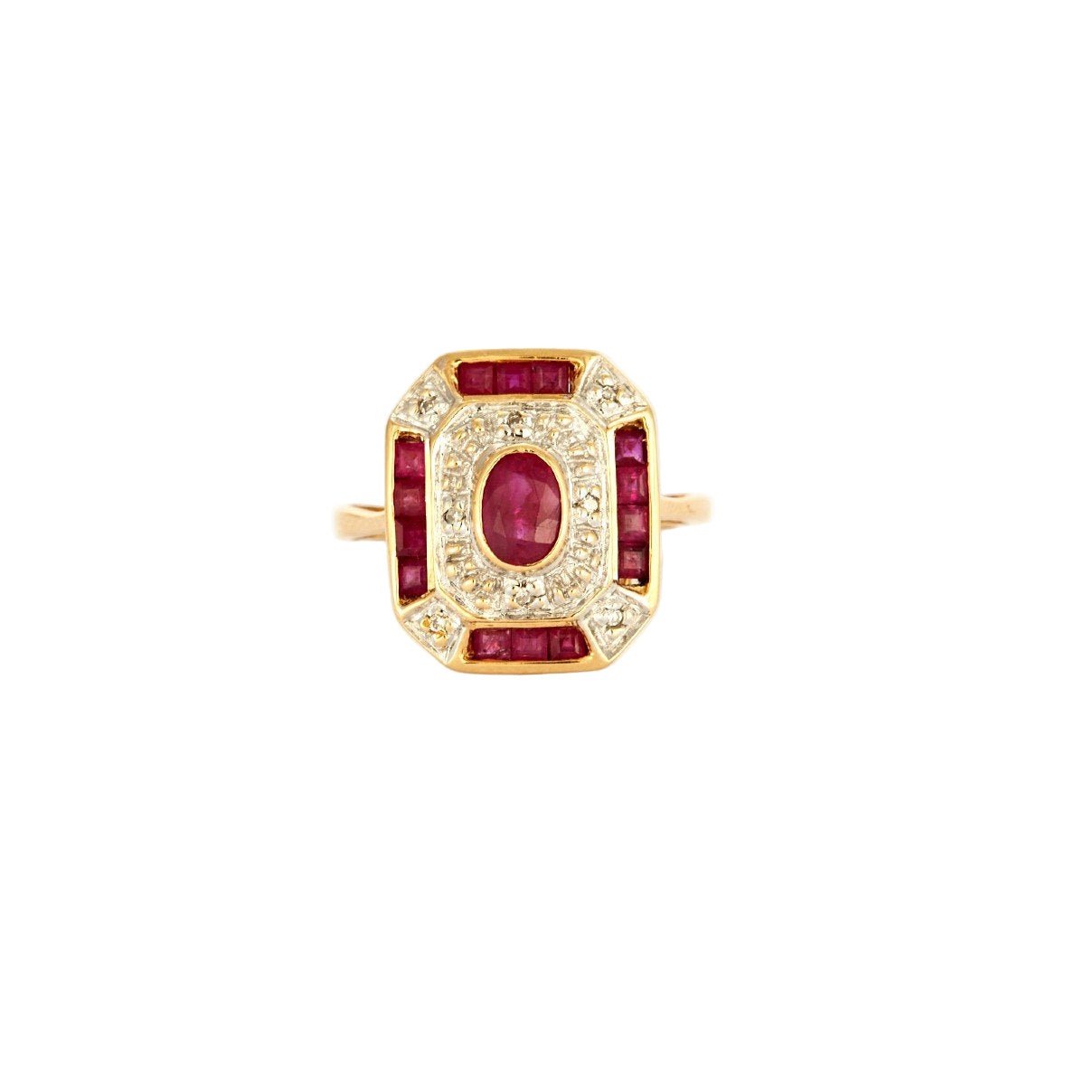 Bague Entourage en or jaune, or blanc, rubis, et diamants - Castafiore