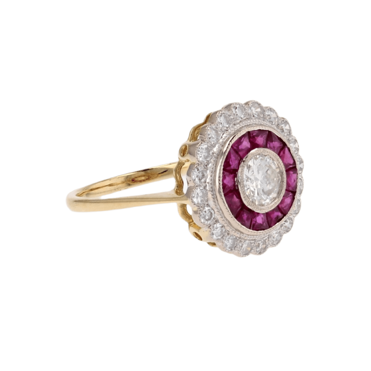 Bague Entourage en or jaune, or blanc, rubis et diamants - Castafiore