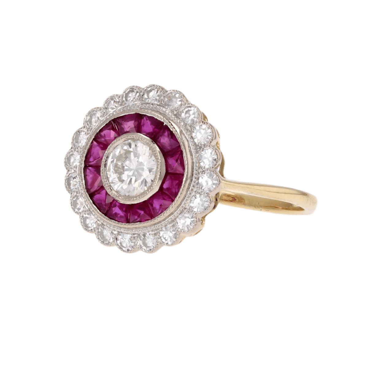 Bague Entourage en or jaune, or blanc, rubis et diamants - Castafiore