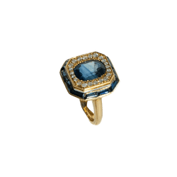 Bague Entourage en or jaune, pierre bleue et diamants - Castafiore