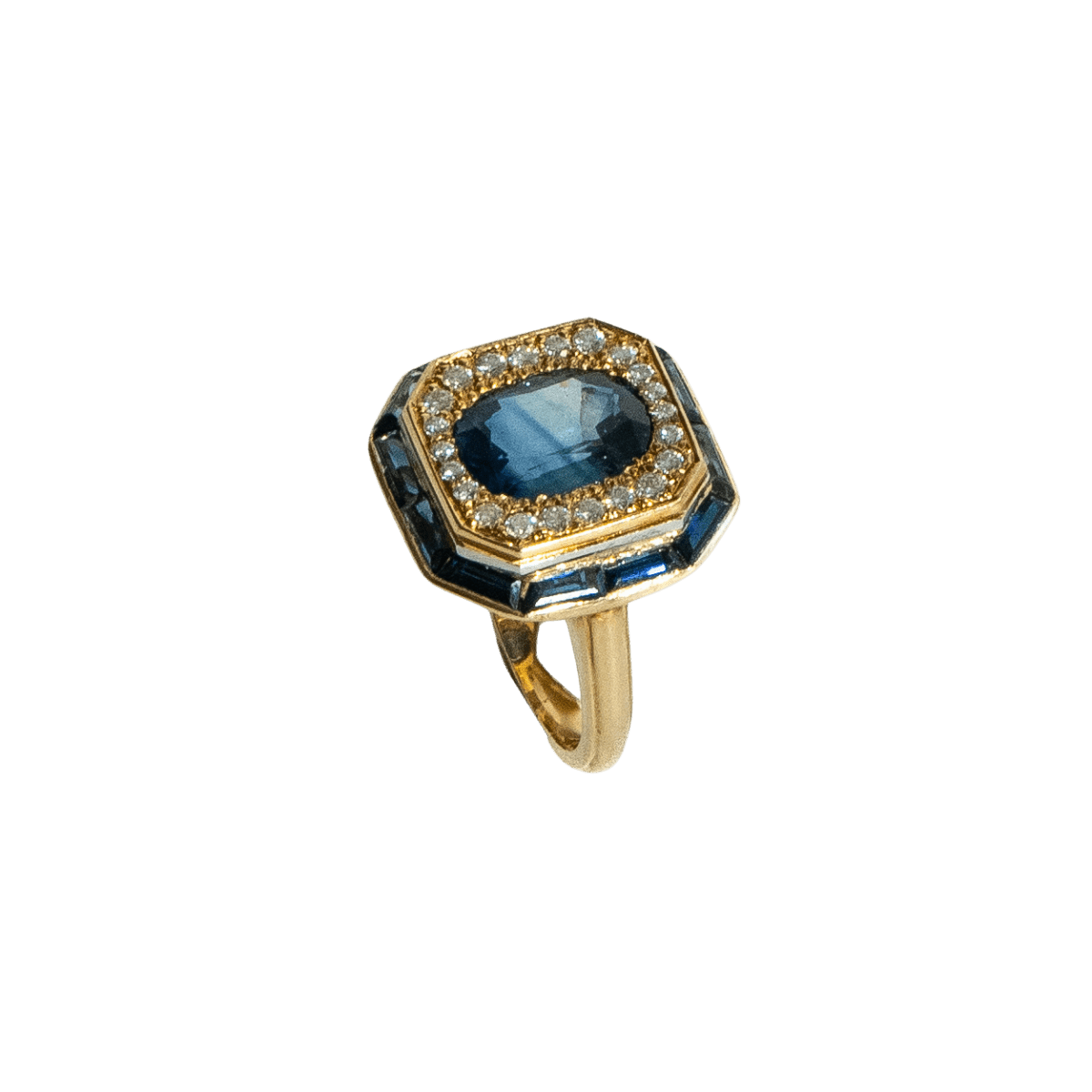 Bague Entourage en or jaune, pierre bleue et diamants - Castafiore