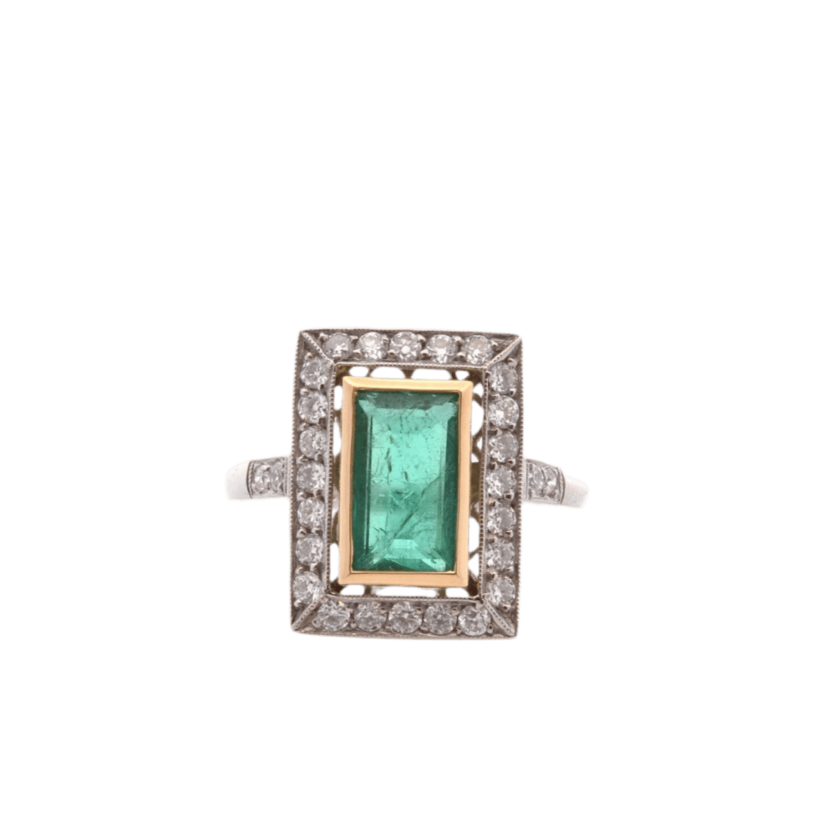 Bague Entourage en or jaune, platine, émeraude et diamants - Castafiore