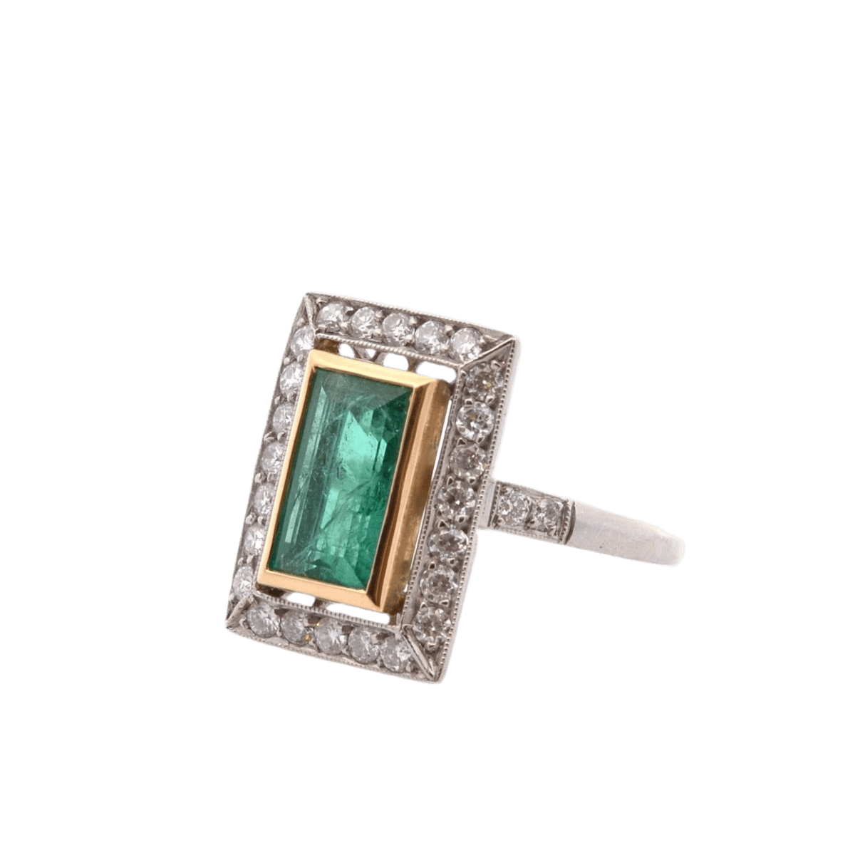 Bague Entourage en or jaune, platine, émeraude et diamants - Castafiore