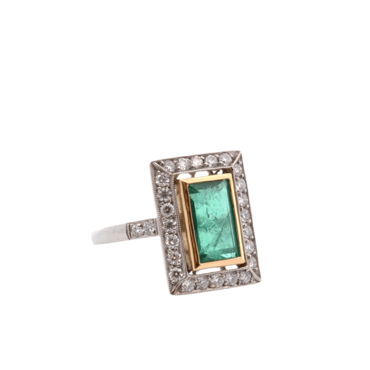 Bague Entourage en or jaune, platine, émeraude et diamants - Castafiore