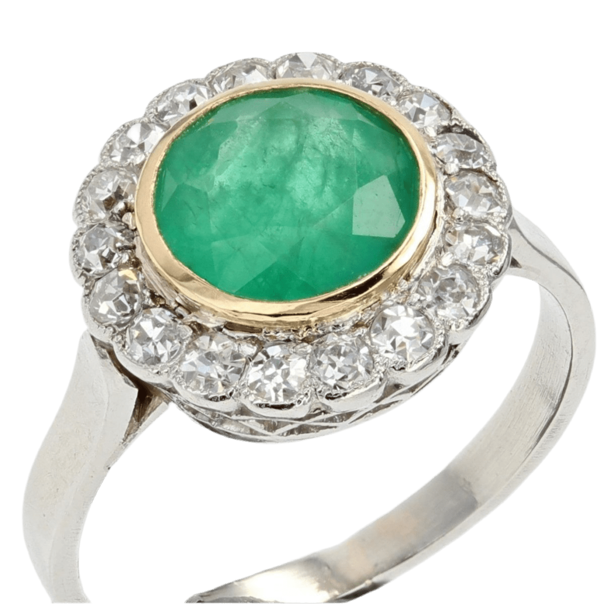 Bague Entourage en or jaune, platine, émeraude et diamants - Castafiore