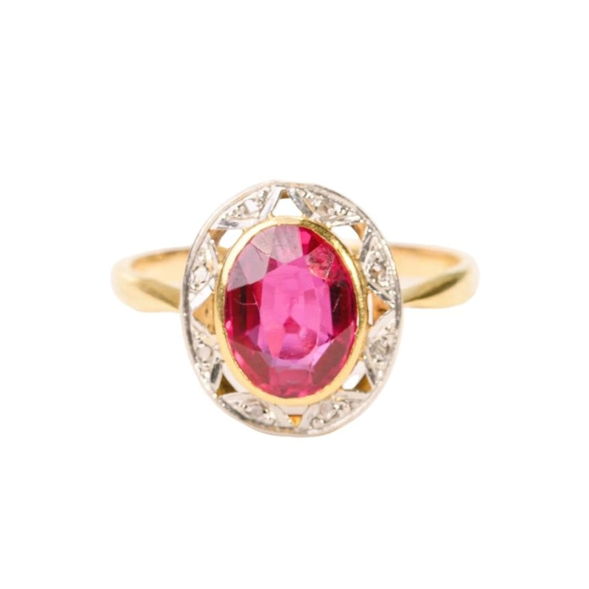 Bague Entourage en or jaune, platine, rubis, et diamants - Castafiore