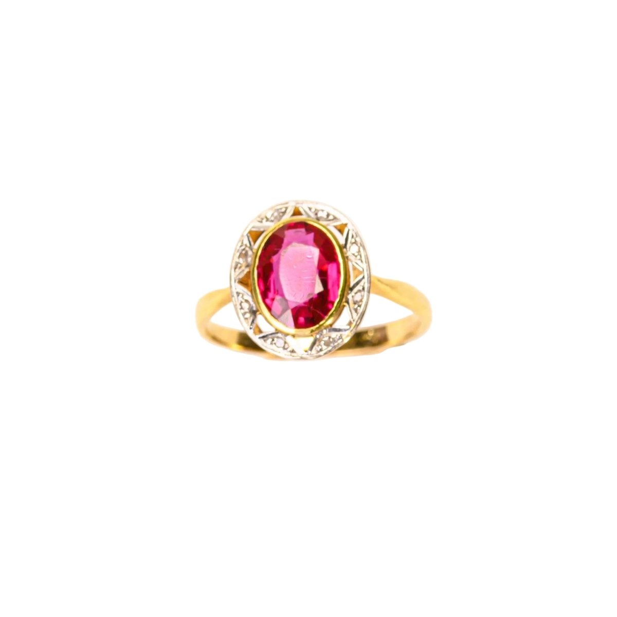 Bague Entourage en or jaune, platine, rubis, et diamants - Castafiore