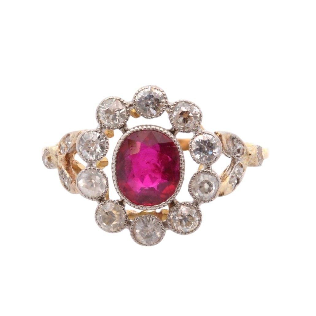 Bague Entourage en or jaune, platine, rubis et diamants - Castafiore