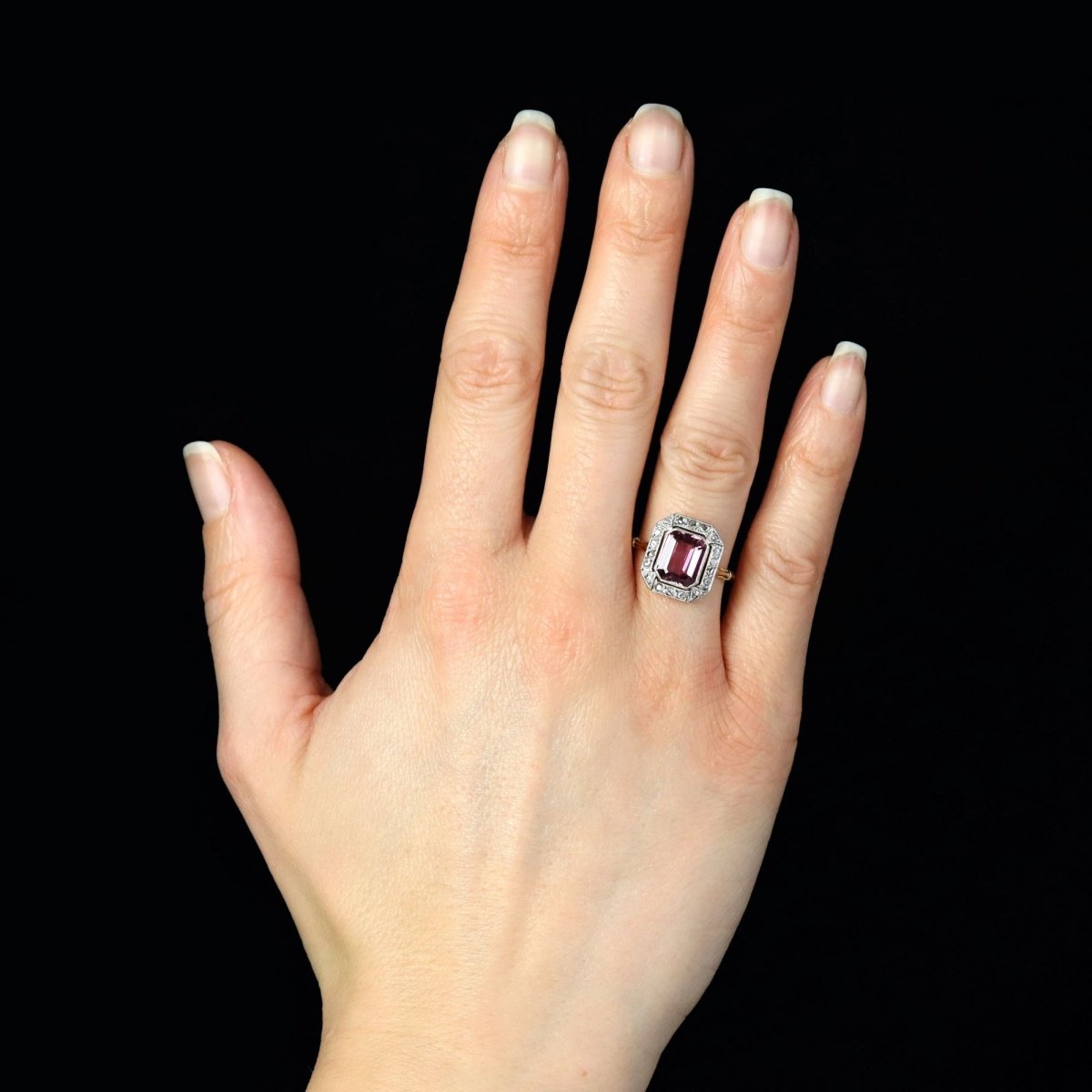 Ring pink spinel diamonds art deco