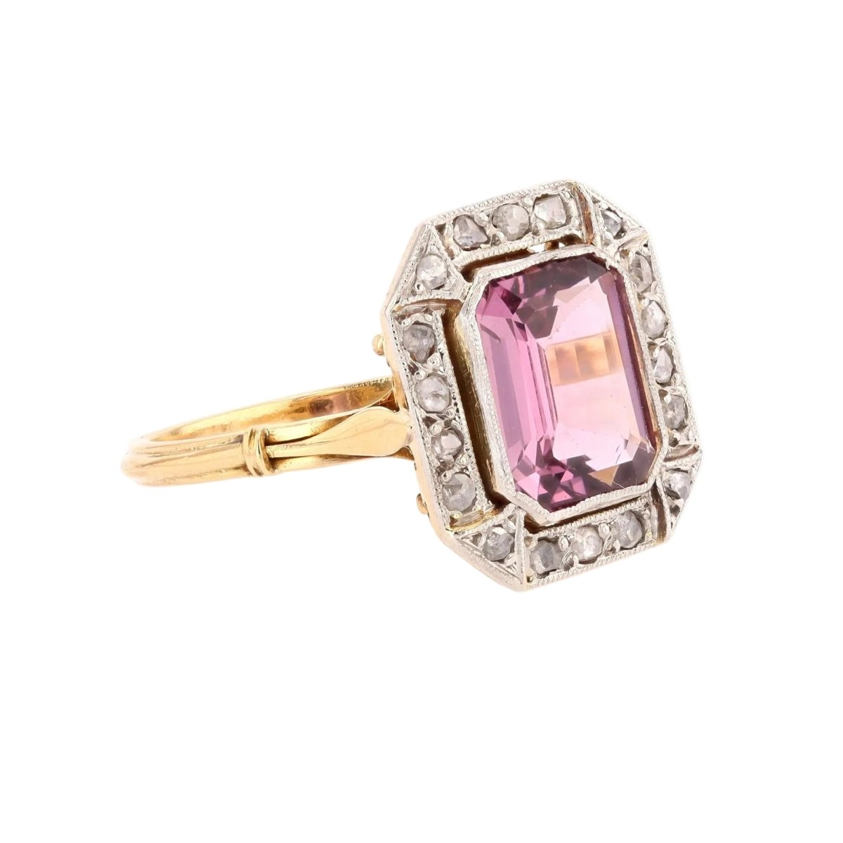 Ring pink spinel diamonds art deco