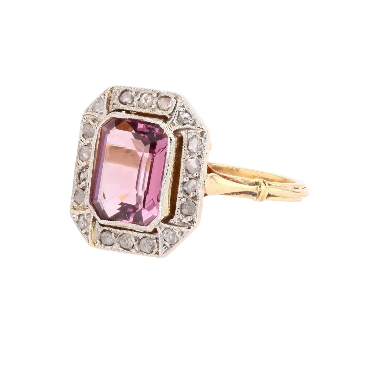 Ring pink spinel diamonds art deco