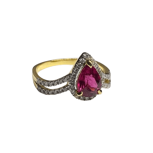 Bague Entourage en or jaune, rubellite tourmaline et diamants - Castafiore