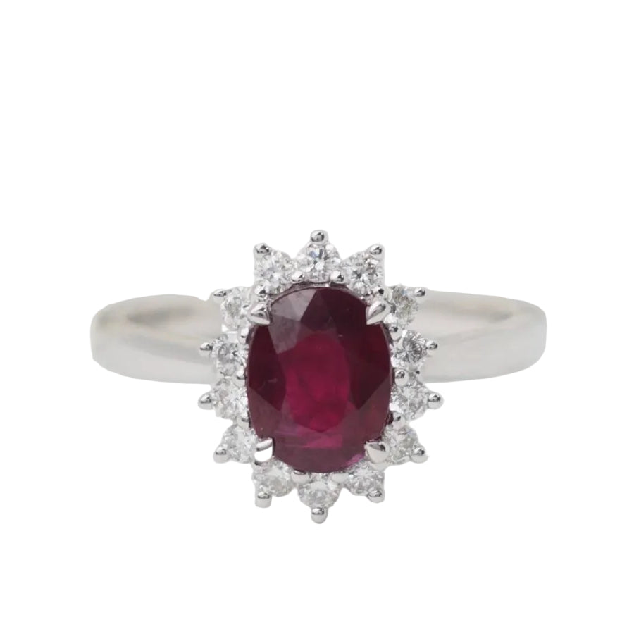 Bague entourage en or or blanc, rubis 0.95ct et diamants - Castafiore