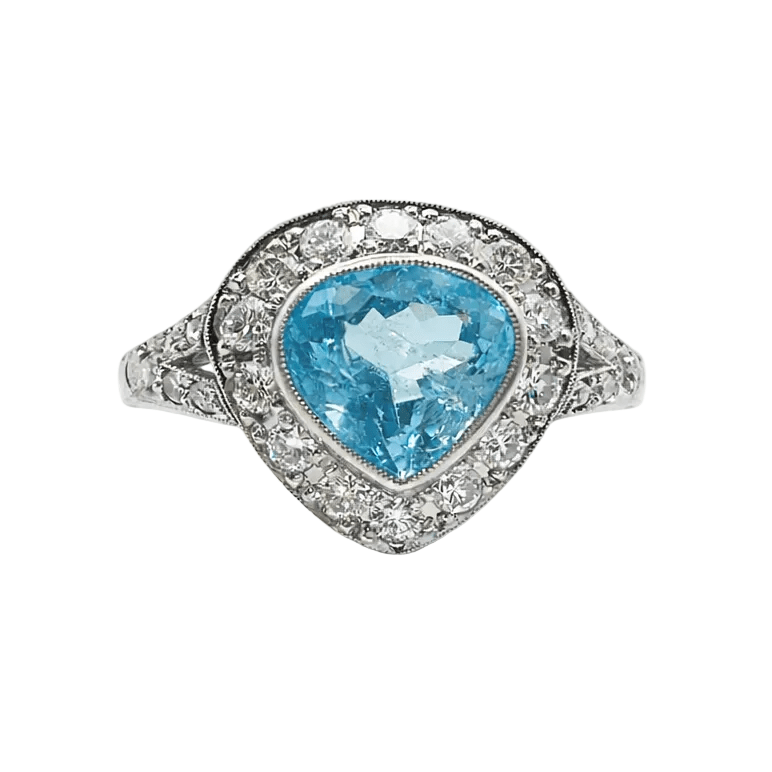 Bague Entourage en platine, aigue - marine et diamants - Castafiore