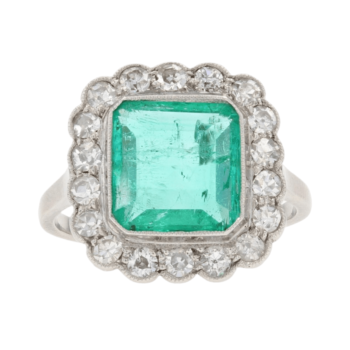 Bague Entourage en platine, émeraude et diamants - Castafiore