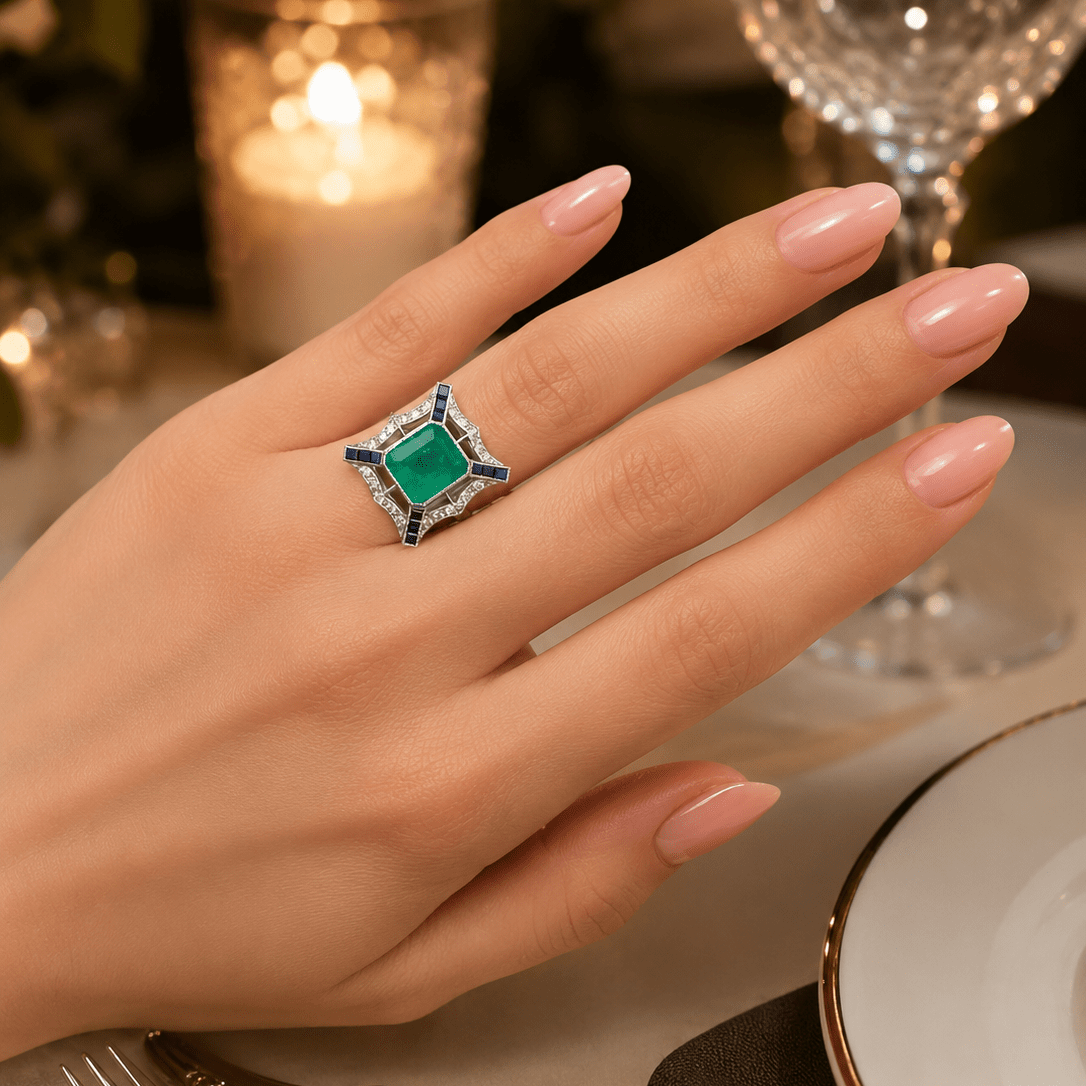 Bague Entourage en platine, émeraude, saphirs et diamants - Castafiore