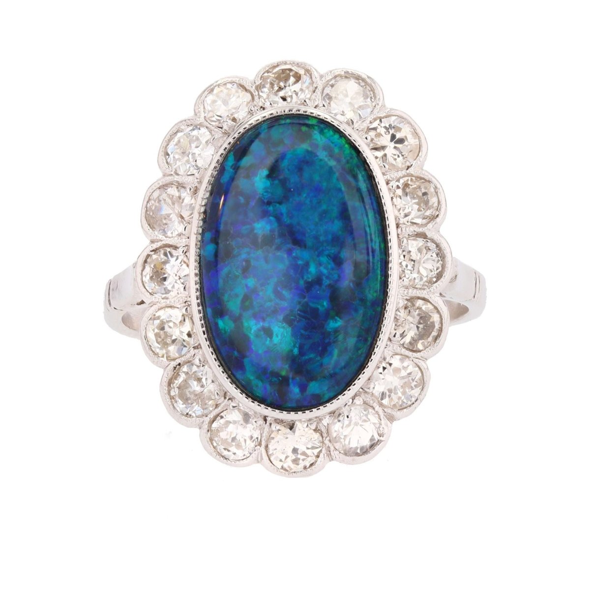 Ring paltinium black opal diamonds