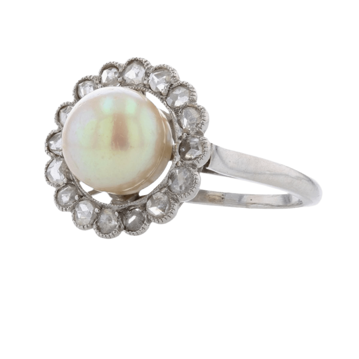 Bague Entourage en platine, perle et diamants - Castafiore
